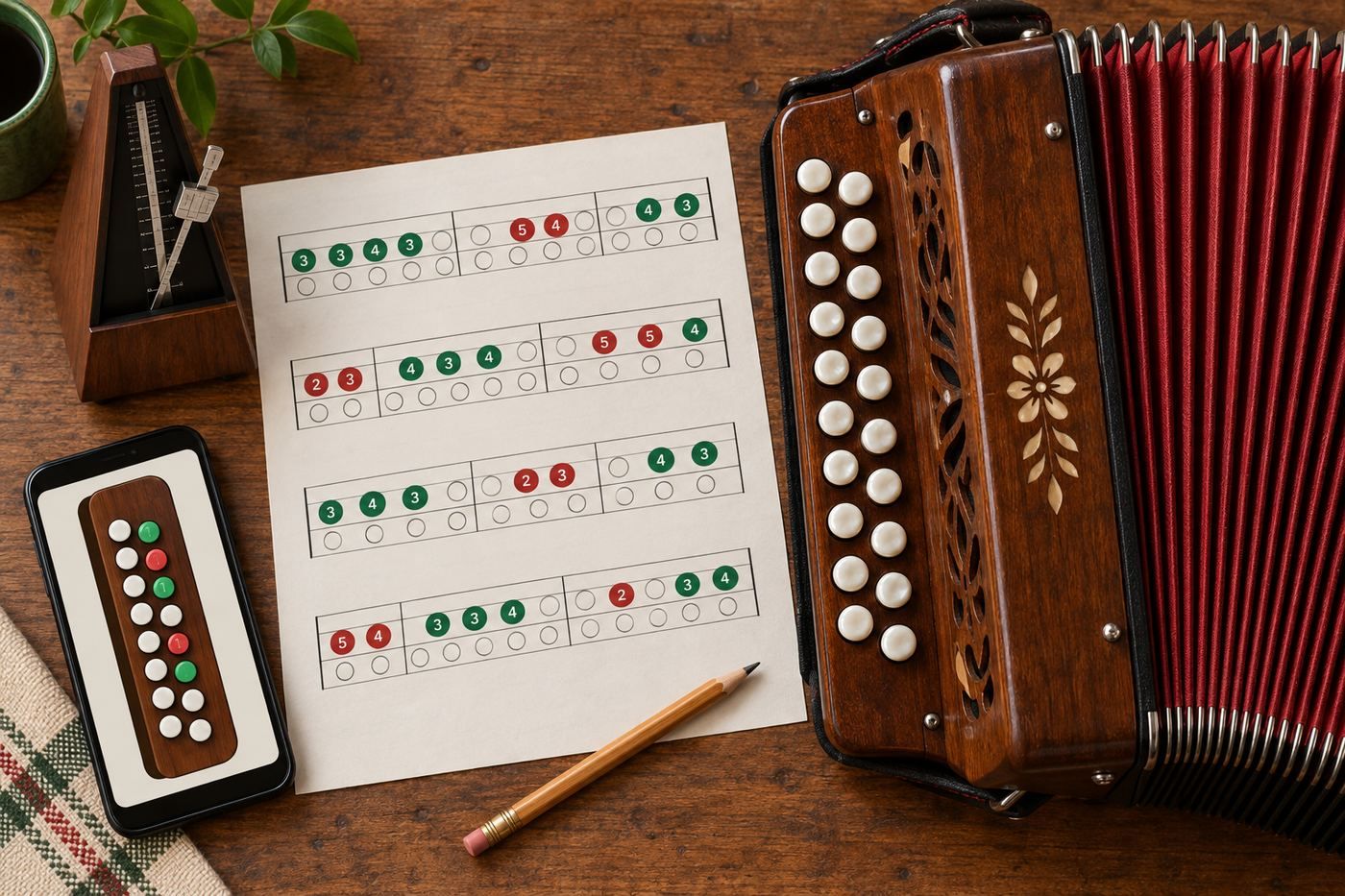 Clavier de main droite d'accordéon diatonique, métronome, crayon et feuille de tablature à ronds verts et rouges posés sur une table en bois